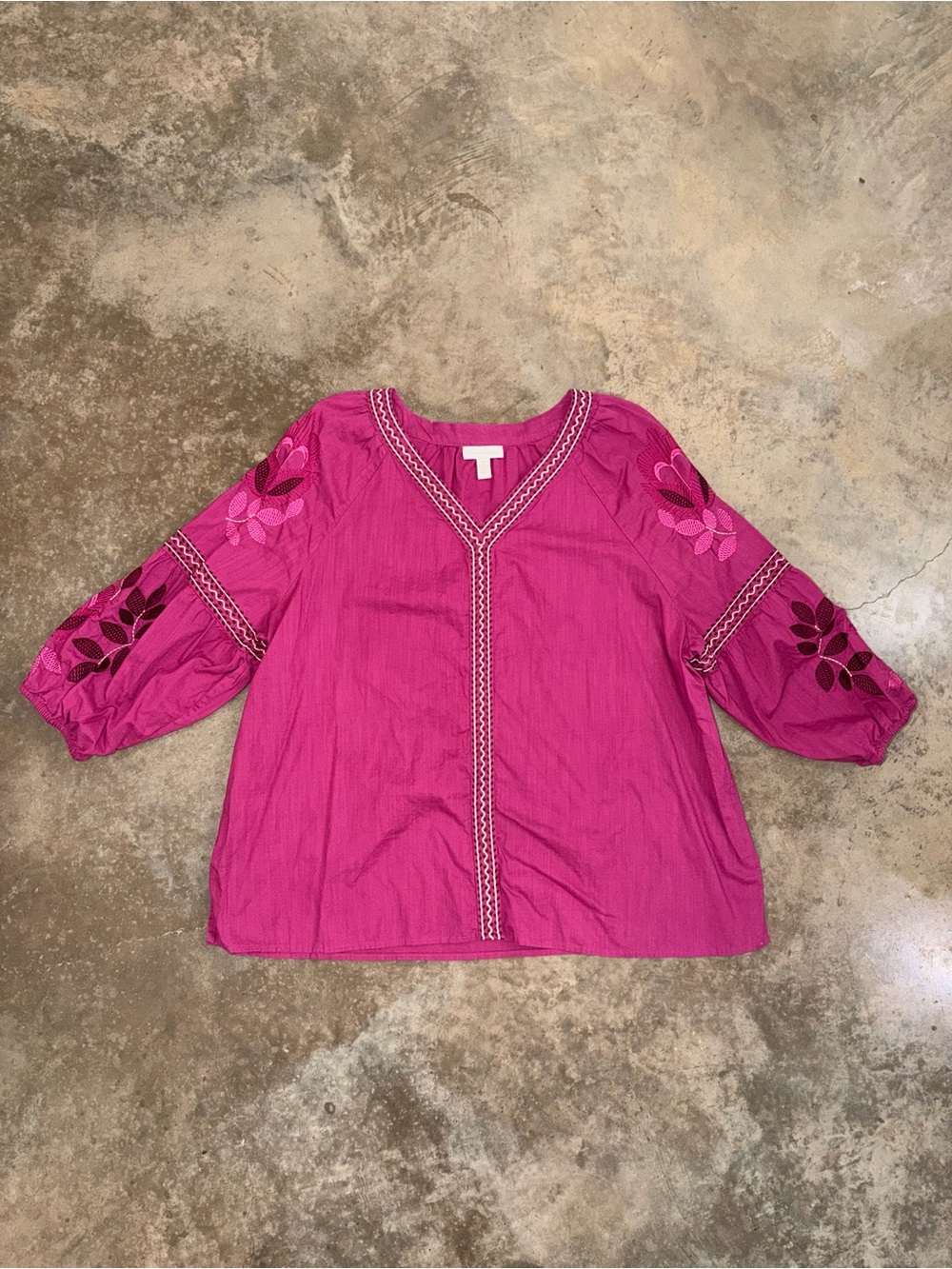 Charter Club XL Fuchsia Embroidered Cotton Peasant Blouse Balloon Sleeve Fall